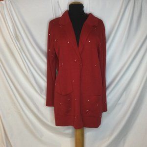 Quacker Factory QVC Sweater Burgundy Acrylic Cotton Rhinestones Pockets L New